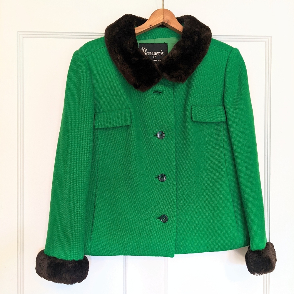 Vintage Bright Kelly Green Cropped Wool Coat - Kreeger's medium m 6 8 wool knit